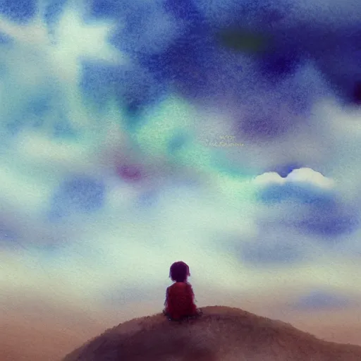 Prompt: The sentient dreamer and the Okinawa Sky, intricate, soft focus, watercolor, trending on Artstation