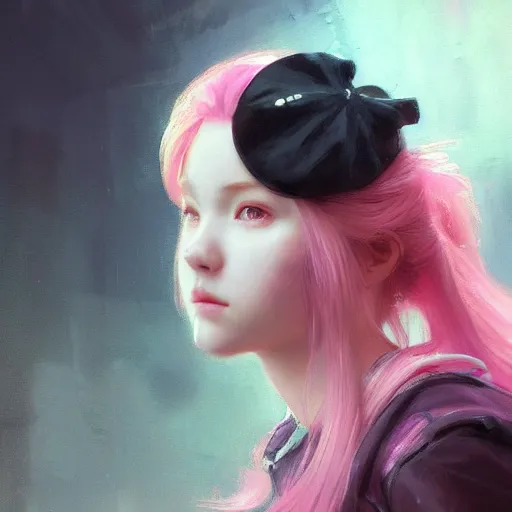 Prompt: a photorealistic dramatic fantasy render of a pink coloured haired young girl with a black hat on her head by wlop, artgerm, greg rutkowski, alphonse mucha, beautiful dynamic dramatic dark moody lighting, shadows, cinematic atmosphere, artstation, concept design art, octane render, 8 k