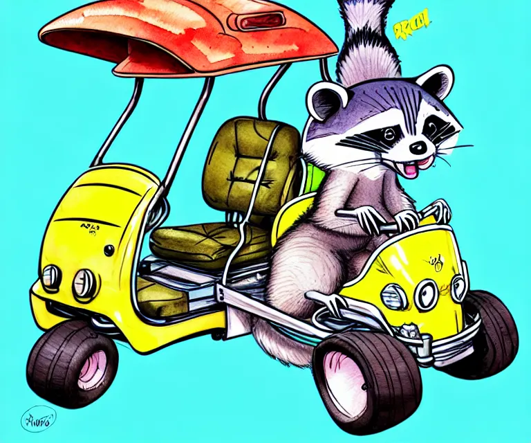 Image similar to cute and funny, racoon wearing a helmet riding in a tiny hot rod golf cart with oversized engine, ratfink style by ed roth, centered award winning watercolor pen illustration, isometric illustration by chihiro iwasaki, edited by range murata