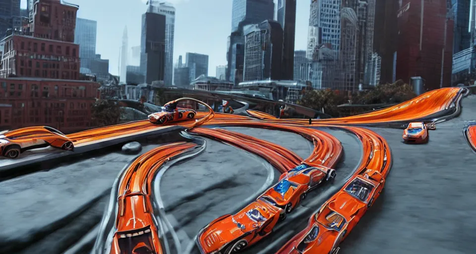 Prompt: film still of the Hot Wheels movie directed by Denis Villeneuve, cars driving on orange transparent hot wheels tracks across tops of buildings