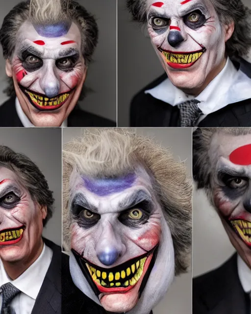 Prompt: Mauricio Macri in Elaborate Joker Makeup and prosthetics designed by Rick Baker, Hyperreal, Head Shots Photographed in the Style of Annie Leibovitz, Studio Lighting, Mauricio Macri throwing cats to the camera