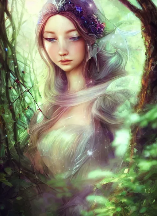 Image similar to beatiful ethereal elf princess in an enchanted forest, focus on the face and eyes, 3/4 side view, hair jewellery, fully clothed, light mist, light rays sieving through the trees, shallow depth of field, coherent composition, by Yuumei, by Artgerm, by WLOP