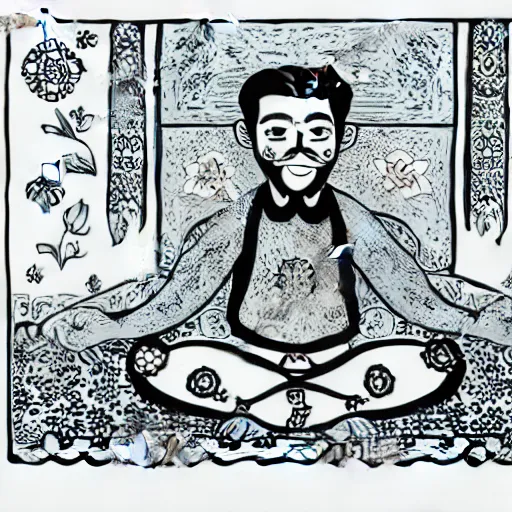 Image similar to mustachioed mexican vaquero sitting lotus position, persian folktale artstyle