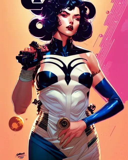 Prompt: artgerm, joshua middleton and sandra chevrier comic cover art, full body betty page as pretty female space pirate, symmetrical eyes, long curly hair, beautiful, rim lighting, vivid colors