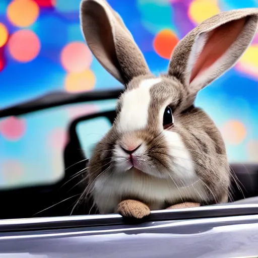 Image similar to a cute bunny driving a convertible, studio photo, high quality