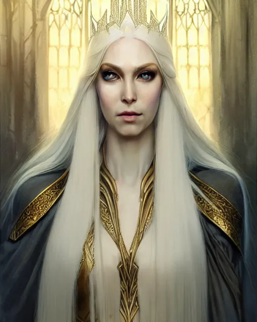 Image similar to tall slender elven queen sitting on the throne, full body, long white hair, pale skin, golden coloured eyes | | realistic shaded, fine details, fine - face, realistic shaded lighting poster by greg rutkowski, magali villeneuve, artgerm, jeremy lipkin, michael garmash, rob rey