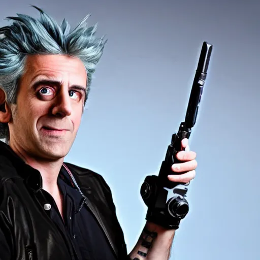 Image similar to Rick Sanchez as a real-life person, studio portrait, real-life-action movie star, holding a portal gun, opening a portal, Rick Sanchez