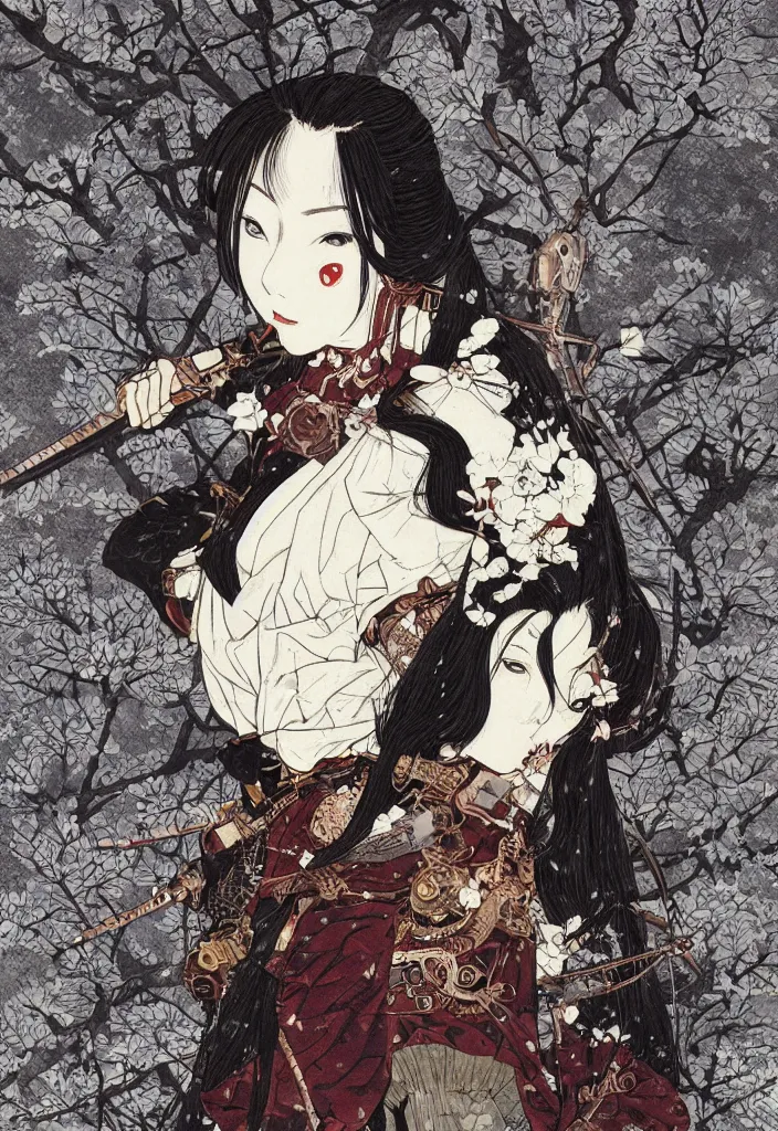 Prompt: portrait of steampunk girl samurai with swords combat pose in snow forest trending on artstation takato yamamoto junji ito