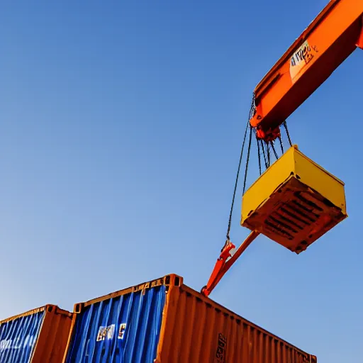 Image similar to high quality, digital photography of a crane lifting a container, shot from the ground, looking up, close shot, clear sky