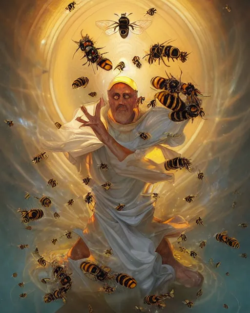 Prompt: the pope surrounded by bees and honeycomb, swirling honey flowers, radiant halo of light, peter mohrbacher, tony sart