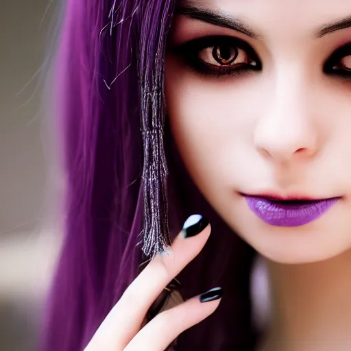 Prompt: Pale-skinned Persian girl, black hime cut, purple eyes, mysterious girl, close up, photograph