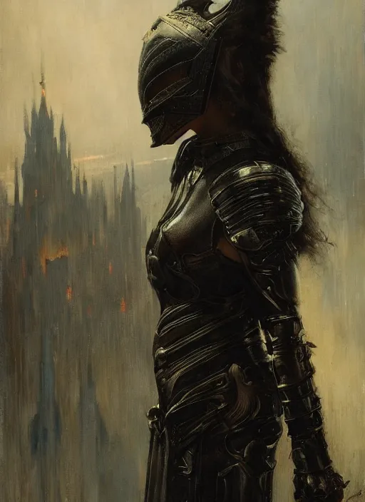 Image similar to beautiful young woman wearing black medieval armour, by gaston bussiere, bayard wu, greg rutkowski, giger, maxim verehin, greg rutkowski, masterpiece, sharp focus, cinematic lightning