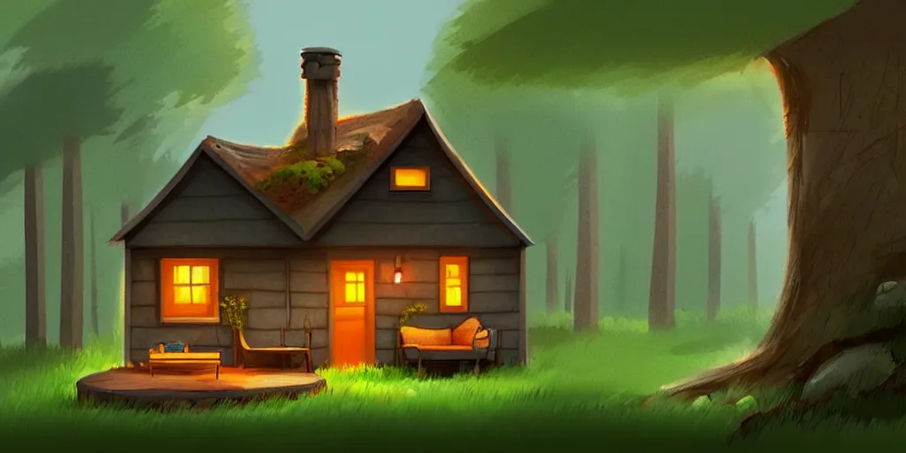 Image similar to a cozy little house in the woods, relaxing, concept art by scott zenteno