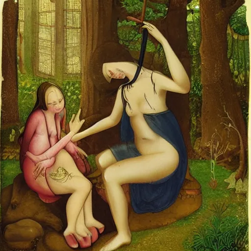 Image similar to “ sensual nurse treating medieval child girl in a fantasy forest, artwork ”