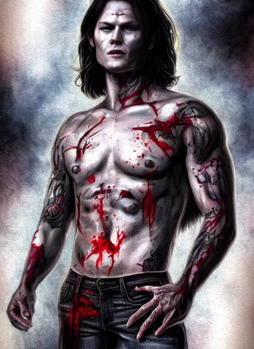 Image similar to Sam Winchester as a muscular half-blood demon with religious tattoos on chest and neck, open devil wings, stained and bleeding, magic overlays, magic flames, open portal with runes in the background, romance book cover style, D&D illustration style, (octane render) fantasy style, sharp focus, ultra detailed, art by Artgerm and Peter Andrew Jones, Ayami Kojima, Amano and Olivier Ledroit
