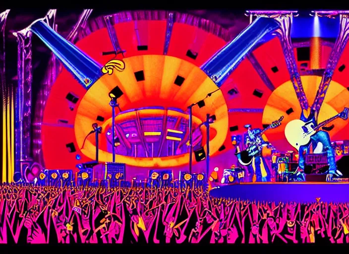 Image similar to members of the band tool performing on stage at a very large concert venue, colorful,modern, disney poster, detailed,