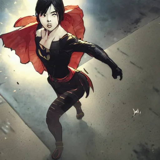 Image similar to Young Nakamura Aya as a superhero, dramatic scene, manga panel, 8k, art by Akihiko Yoshida and Greg Rutkowski