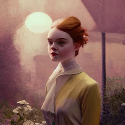 Prompt: Elle Fanning, head and shoulders masterpiece, in Dishonored, golden hour, in a garden, artstation, in the style of Art Deco and Edward Hopper and Bosch, extremely detailed