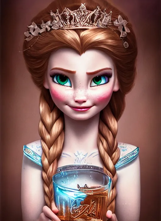 Image similar to highly detailed closeup portrait of tattooed princess elsa drinking whisky, unreal engine, nicoletta ceccoli, mark ryden, lostfish, earl norem, global illumination, god rays, detailed and intricate environment