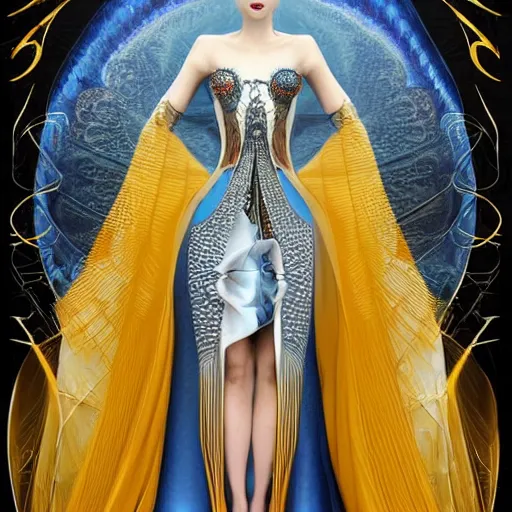 Image similar to a beautiful arabian woman wearing a futuristic dress by alexander mcqueen, thom browne, karol bak, ayami kojima, artgerm, arabian beauty, blue eyes, smile, futuristic, organic dress, pattern, concept art, fantasy