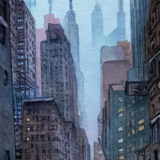 Prompt: post apocalyptic new york city. watercolor. highly detiled. spooky atmosphere.