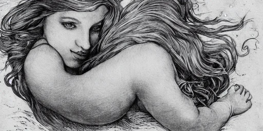 Image similar to realistic portrait of a beautiful mermaid in the sea, 1450, ink, ultra realistic, 8k