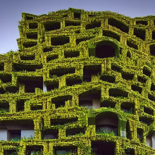 Prompt: “building made of plants designed by MC Escher and Zdzislaw Beksiński, photography, architecture, brutalism, 8k resolution, highly detailed, HDR, golden hour”