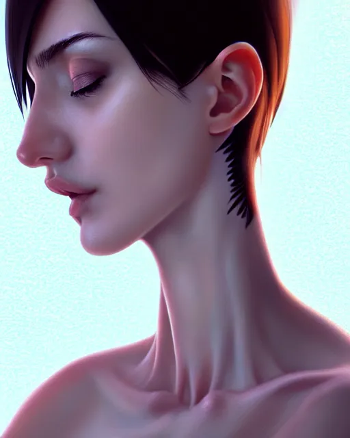 Image similar to full close up zoomed in neck shot of a beautiful skinny surgeon woman in work dress, soft delicate smooth neck, by saruei and guweiz and ilya kuvshinov, digital art, highly detailed, intricate, sharp focus, trending on artstation hq, deviantart, pinterest, unreal engine 5, 4 k uhd image