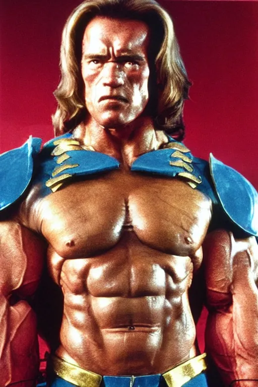 Image similar to arnold schwarzenegger as he - man, full body, symmetrical features, color photo, 1 9 8 5 photograph, kodachrome, aged paper, sergio leone, master prime lenses, cinematic