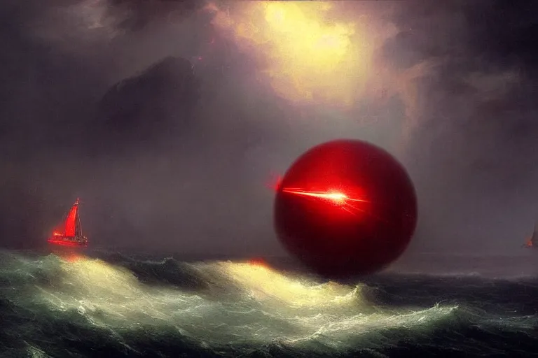 Image similar to A beautiful matte painting of huge spherical alien spaceship attacking with powerful red lasers a Sailship in ocean in thunderstorm by Greg Rutkowski and Ivan aivazovsky