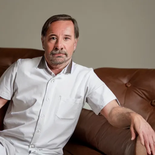 Prompt: full body photo of steve, mature male, mysterious face. he is a doctor. he is sitting gracefully on a sofa, elegant slim beige shirt, tight shirt, big, firm, soft, bouncy belly