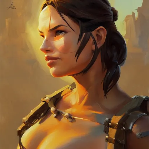 Image similar to greg manchess portrait painting of partially armored lara croft as overwatch character, close - up shot, asymmetrical, profile picture, organic painting, sunny day, matte painting, bold shapes, hard edges, street art, trending on artstation, by huang guangjian and gil elvgren and sachin teng