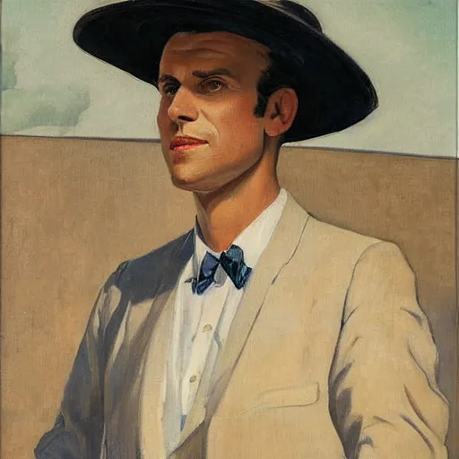 Image similar to a portrait of emmanuel macron wearing a straw hat in a scenic environment by j. c. leyendecker