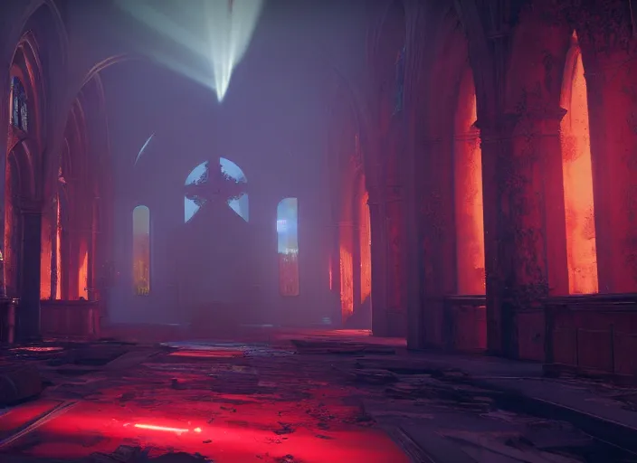 Image similar to ancient church with red shafts of light in destiny 2, foggy, liminal, dark, dystopian, beautiful architecture, abandoned, highly detailed 4 k 6 0 fps in - game destiny 2 gameplay screenshot leak