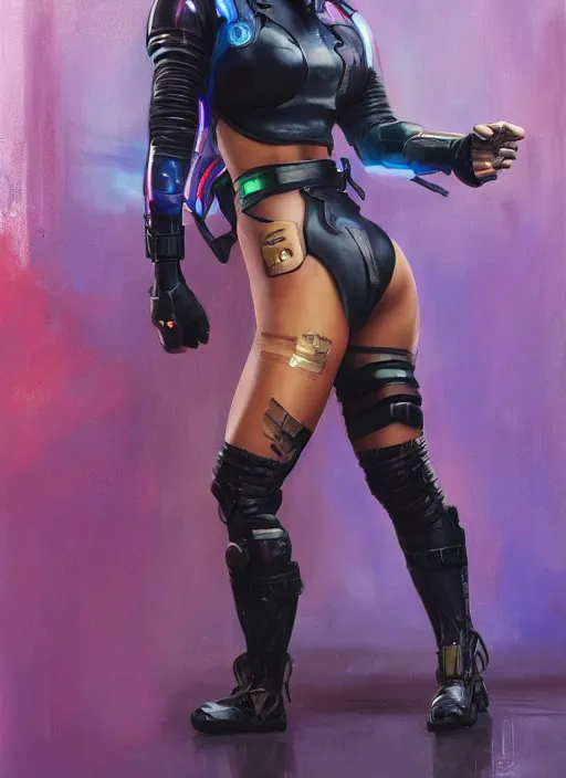 Image similar to black chun li. cyberpunk cop in tactical gear. plastic raincoat. blade runner 2 0 4 9 concept painting. epic painting by james gurney, azamat khairov, and alphonso mucha. artstationhq. painting with vivid color. ( rb 6 s, cyberpunk 2 0 7 7 )