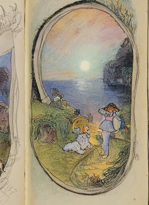 Image similar to half morning, half night, half moon, half sun, illustrated by peggy fortnum and beatrix potter and sir john tenniel