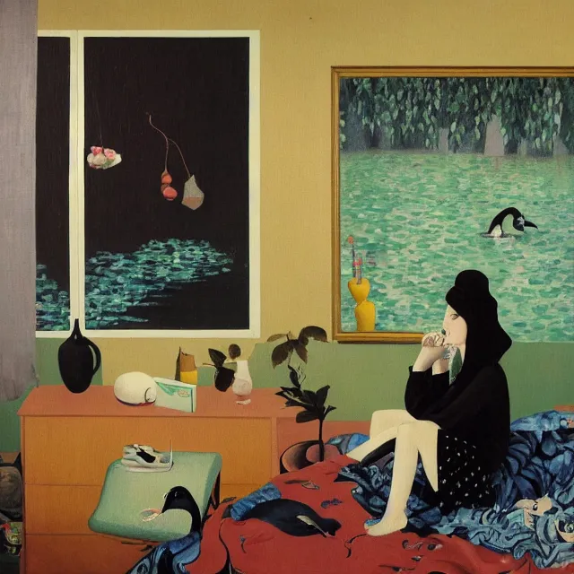 Image similar to female emo art student in her apartment, painting of flood waters inside an artist's feminine bedroom, a river flooding indoors, pomegranates, pigs, ikebana, water, octopus, river, rapids, waterfall, black swans, canoe, berries, acrylic on canvas, surrealist, by magritte and monet