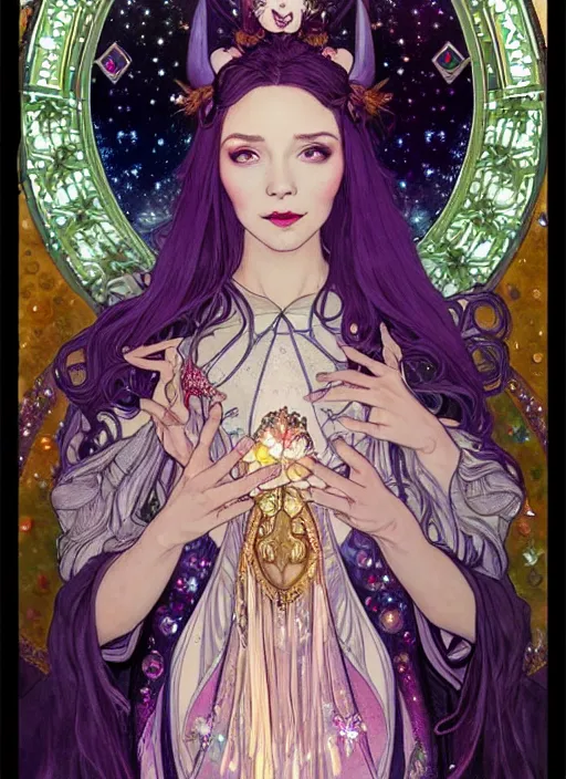 Prompt: fantastic portrait of a beautiftul witch with some shinny star, cloak, royally decorated crystal gemstones, symmetrical face, art nouveau, portrait, cute, fairy, by mai yoneyama, kelly mckernan, greg rutkowski, alphonse mucha, detailed background, artstation, intricate, elegant, highly detailed, colorful, maximalist