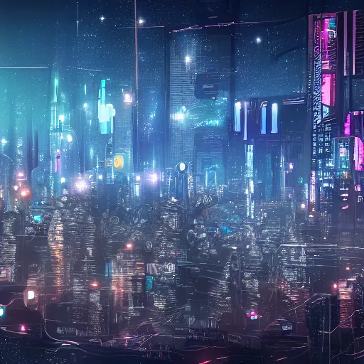 Image similar to cyberpunk city with deep field and many galaxies in the sky, highly detailed, sharp focus