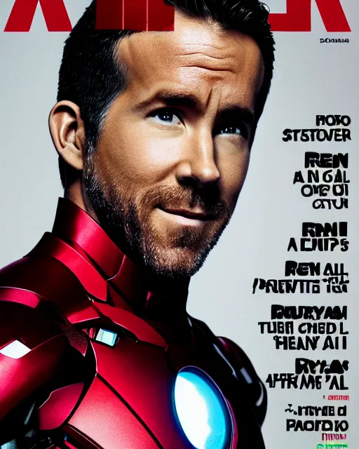 Image similar to ryan reynolds wearing an iron man suit without the mask, magazine cover, dramatic, studio lighting, photoshoot