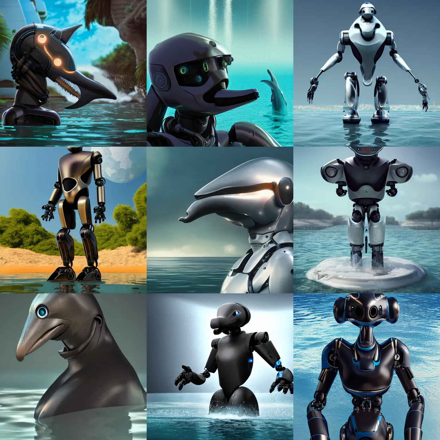 Prompt: robotic anthro with a wide neck and a dolphin's head and tail, dark opaque visor over top of face, standing next to water, commission on furaffinity, cgsociety, octane render