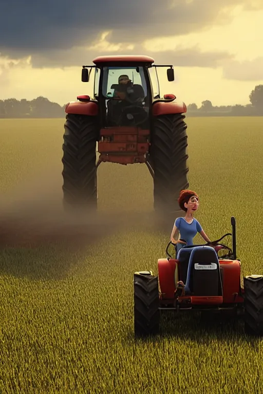 Prompt: film still of a pixar movie with a dutch farmer on a tractor on the highway, glamour pose, dramatic lighting, octane, volumetric lighting, 8 k