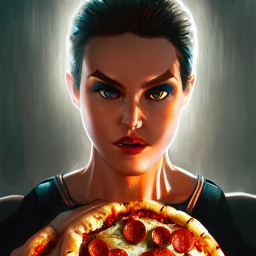 Image similar to head and shoulders portrait of modern darna, ninja turtle eating pizza, intricate, elegant, dark vibes, highly detailed, digital painting, artstation, glamor pose, concept art, smooth, sharp focus, illustration, art by wlop, mars ravelo and greg rutkowski