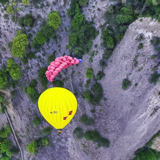 Image similar to a hairy dog attached to a large open balloon parachute jumping from a mountain cliff. captured by a drone. wide camera. epic