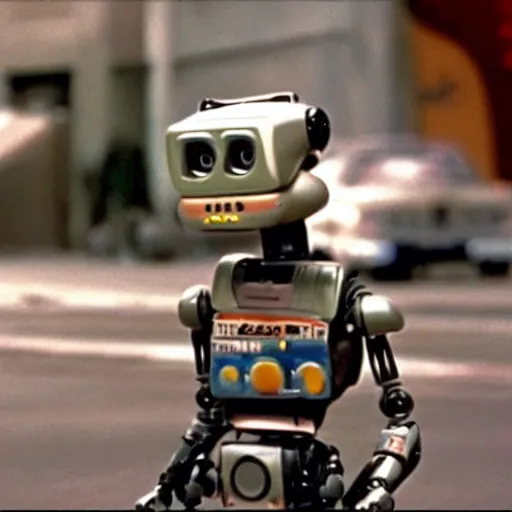 Image similar to robot Johnny 5 in Short Circuit 1986, cinematic still by Nick McLean