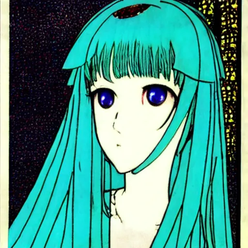 Image similar to Hatsune miku by Harry Clarke, anime style