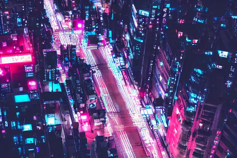 Image similar to aerial photo of neon tokyo street at night futuristic aesthetic matte painting, wallpaper, unsplash, colorful, style of aenami alena, neon blue color, vaporwave,