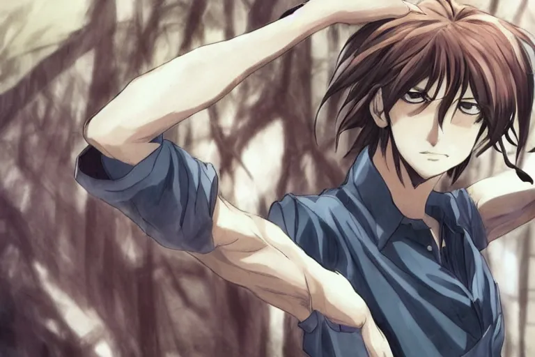 Image similar to A handsome anime man, handsome anime pose, style of Inoue Takehiko, background of Makoto Shinkai