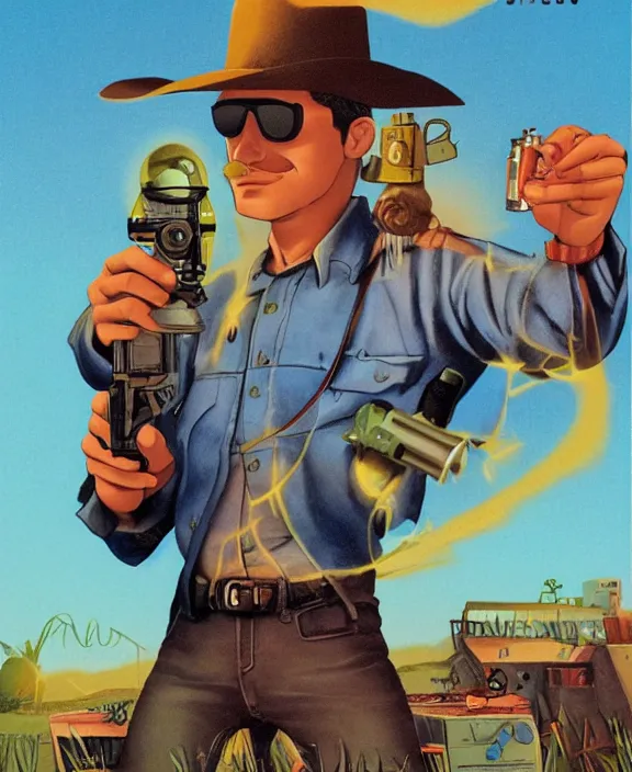 Prompt: cover of el libro vaquero that despicts a hipster girl with a laser gun