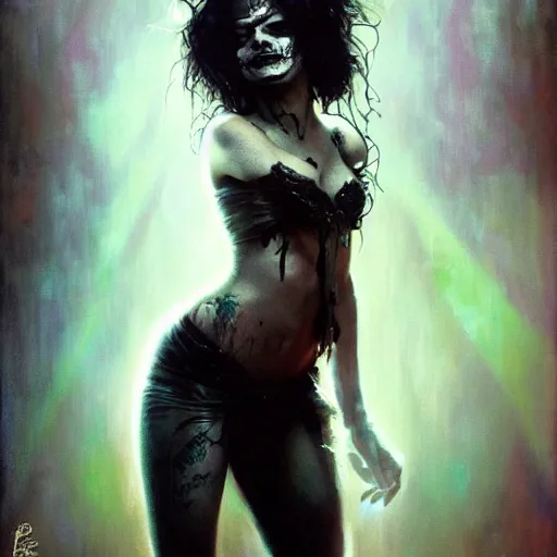 Image similar to beautiful portrait of vanessa hudgens as death from sandman, smiling, by cedric peyravernay, alphonse mucha, by jeremy mann, by lecouffe deharme, goth chic, soft lightning, eyeliner, punk rock, high detailed, 8 k